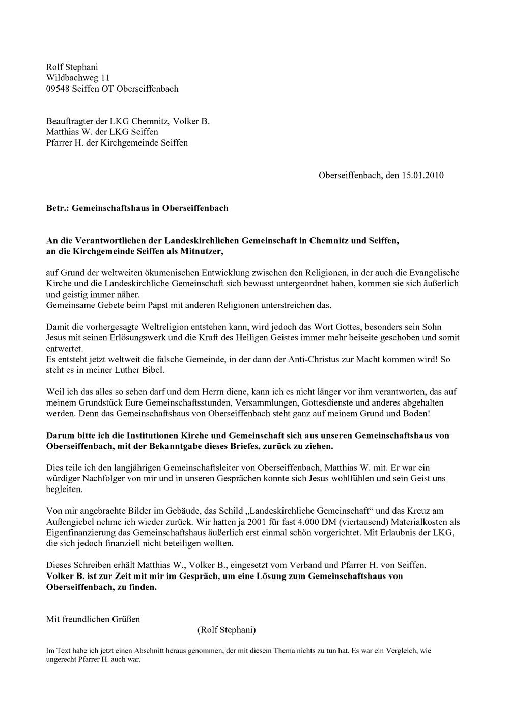 Brief Gemeinschaftshaus Oberseiffenbach